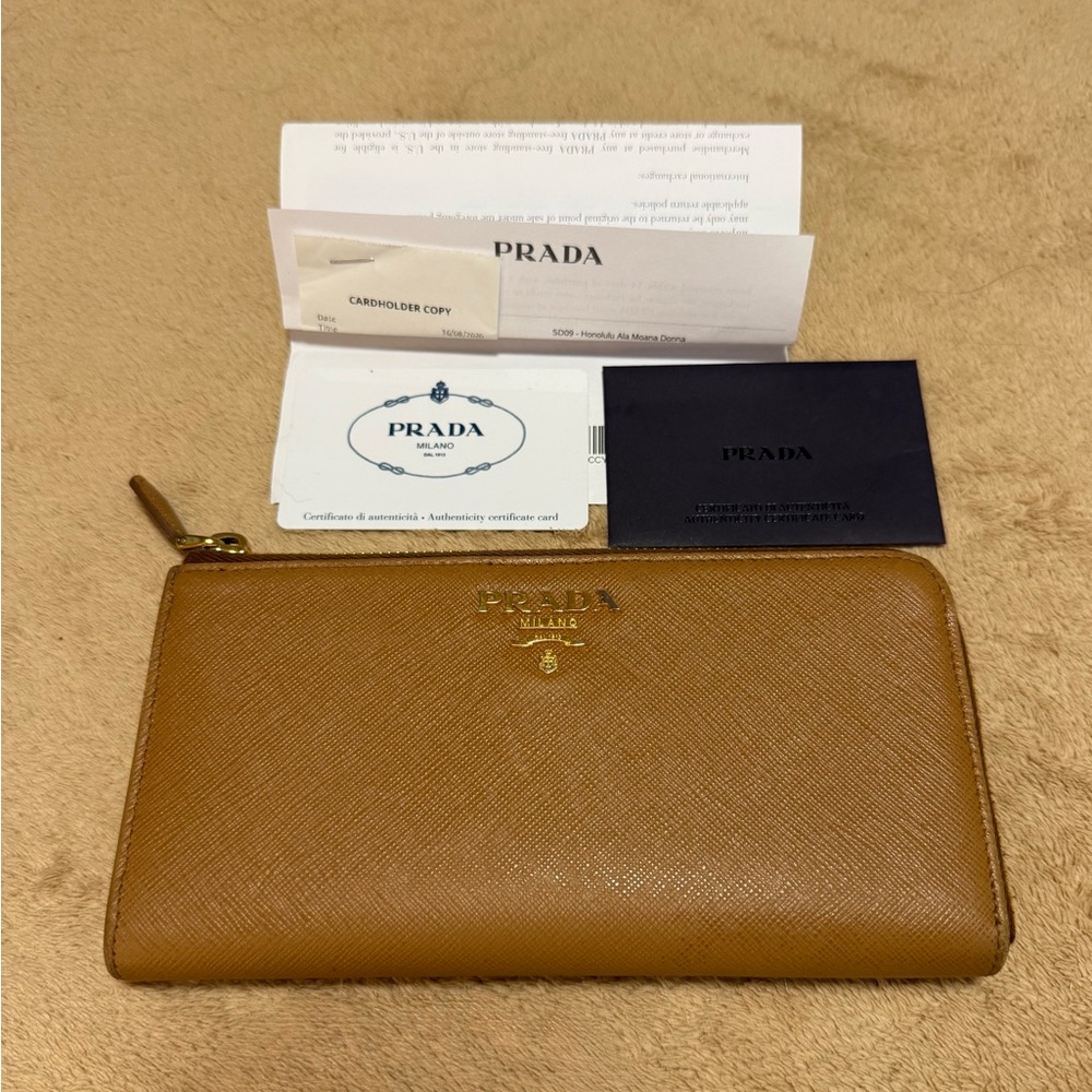 Authentic Prada Caramel Saffiano Metal Half Zip Wallet
